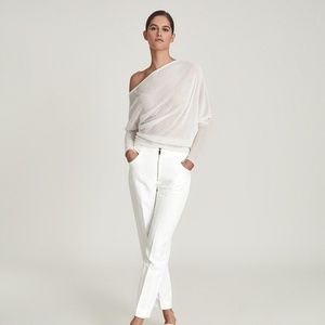 NEW NWOT White Linen Blend Trousers w/exposed Front Silver Zipper. White. Size 8